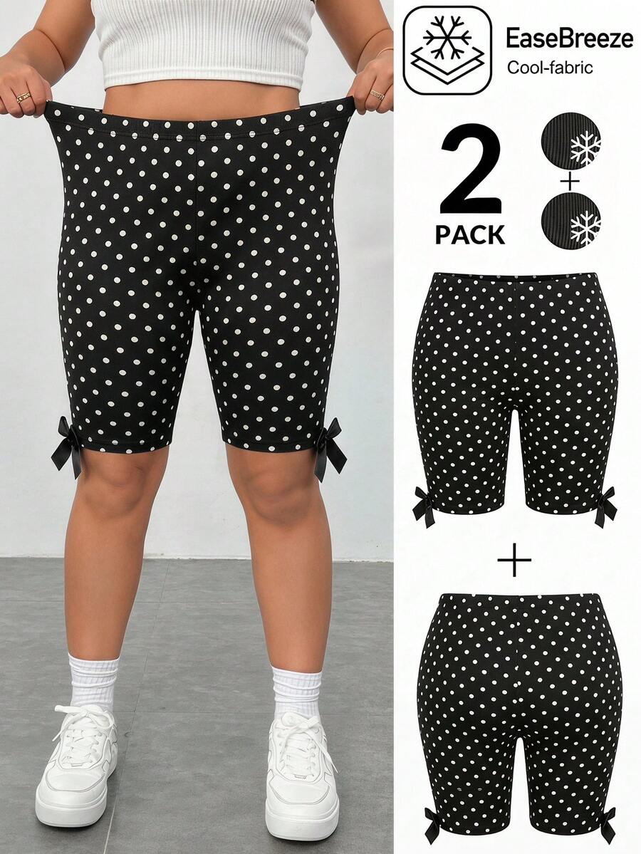 SHEIN EZwear Plus Size Casual Cute Kawaii Retro Polka Dot Print Bow Decor Bermuda Shorts Brunch Bussines Gym Office Teacher Black And White Summer - Multicolor - View 1