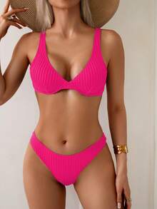 Swim Vcay 女款素色休閒比基尼與三角泳褲泳裝套裝 - 玫紅色 - 查看 3