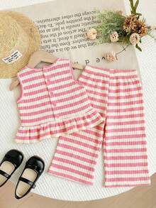 SHEIN LMoss Kids 女婴条纹圆领上衣和宽松休闲裤两件套 - 彩色 - 查看 5