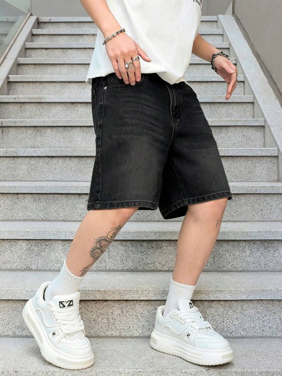SHEIN Manfinity EMRG 加大码男士灰色牛仔休闲短裤,百搭5英寸内缝 - 黑色 - 查看 1