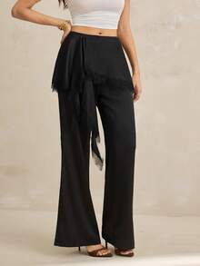 SHEIN Tall 2026 Nuevos Pantalones Anchos de Verano para Mujer con Encaje Minimalista, Parche y Volante en el Bajo, Versátiles y Cómodos para el Día a Día - Negro - Ver 6