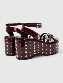 ROMWE Grunge Punk Ladies, Spike Buckles, Lame-Heeled Platform Sandals. Summer - Burgundy - View 3