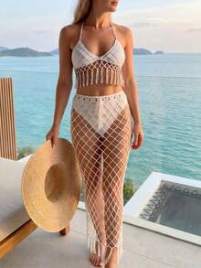 Anewsta Luxury Resort Style Handmade Crochet Halter Fringed Triangle Bra Top & Openwork Split Leg Cover Up Pants - White - View 7