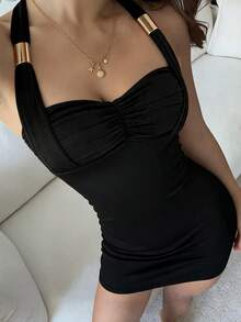 DAZY 女款金屬裝飾貼身迷你太陽裙 - 黑色 - 查看 6