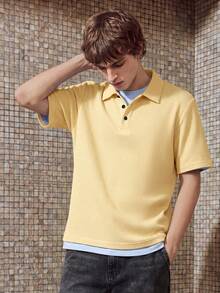 HypeHours Men's Summer Casual Solid Color Textured Polo Shirts - Yellow - View 5