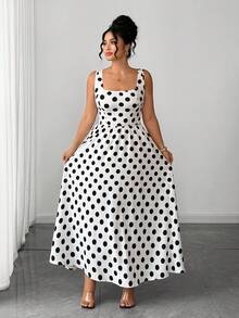 Rometta Vestido vintage de mujer talla grande de verano, nuevo, de gasa, con lunares blanco y negro, cuello cuadrado y cintura con cordón, que estiliza la figura. Adecuado para el uso diario, citas, compras, vacaciones/viajes, playa - Blanco y Negro - Ver 7