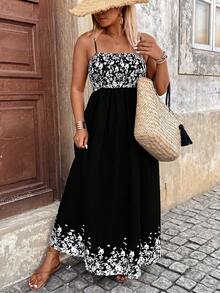 Breezaya Plus Size Spaghetti Strap Printed Dress For Vacation - Black - View 5