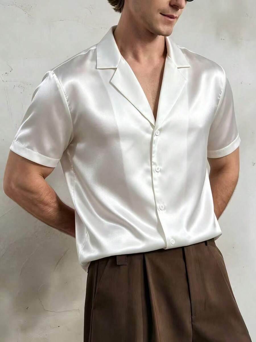 Airaco Men's Satin Short Sleeve V-Neck Shirt - White - View 1