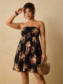 SHEIN VCAY Plus Size Summer Floral Print Halter Dress - Black - View 7