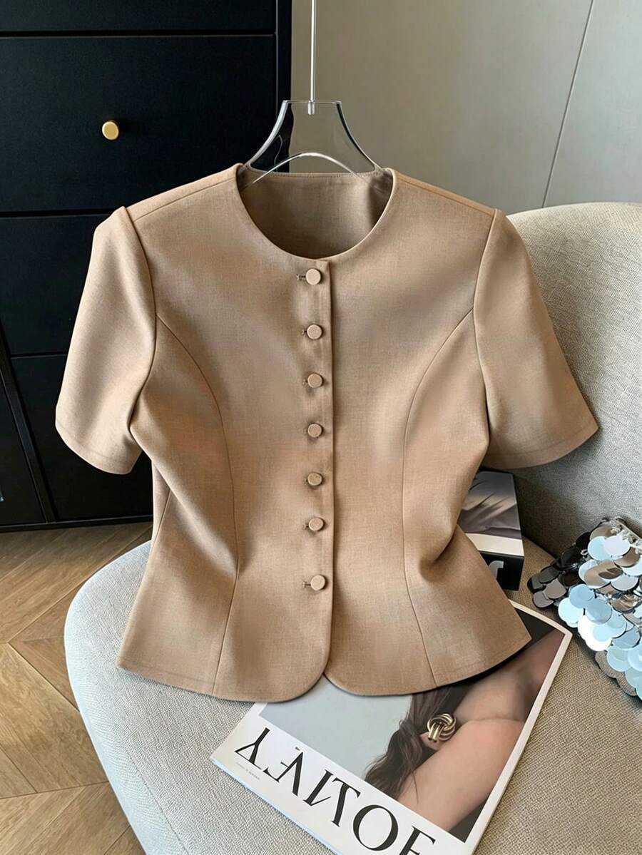 SHEIN Franclia Women's Elegent Khaki Summer Casual Office Collarless Fitted Blazer,Short Sleeve Button Down Waist Cinching Suit Jacket,Minimalist Workwear Outerwear - Apricot - View 1