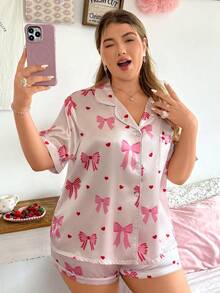 Slumberry CURVE Cute Ins Style Bow & Heart Print Lapel Cardigan Plus Size Women Pajama Set - Multicolor - View 5