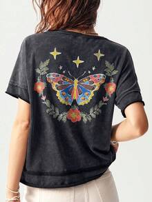 Bohemela Casual Solid Color Knit Round Neck Short Sleeve Loose Butterfly Cutout Back Women T-Shirt - Black - View 6