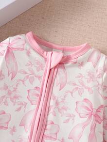 SHEIN Baby Girl Light Pink Floral Bow Romper Cute Autumn Newborn Soft Knit Infant Footed Jumpsuit With Matching Headband 2-Piece Set Family Matching Outfit - Pink - View 7
