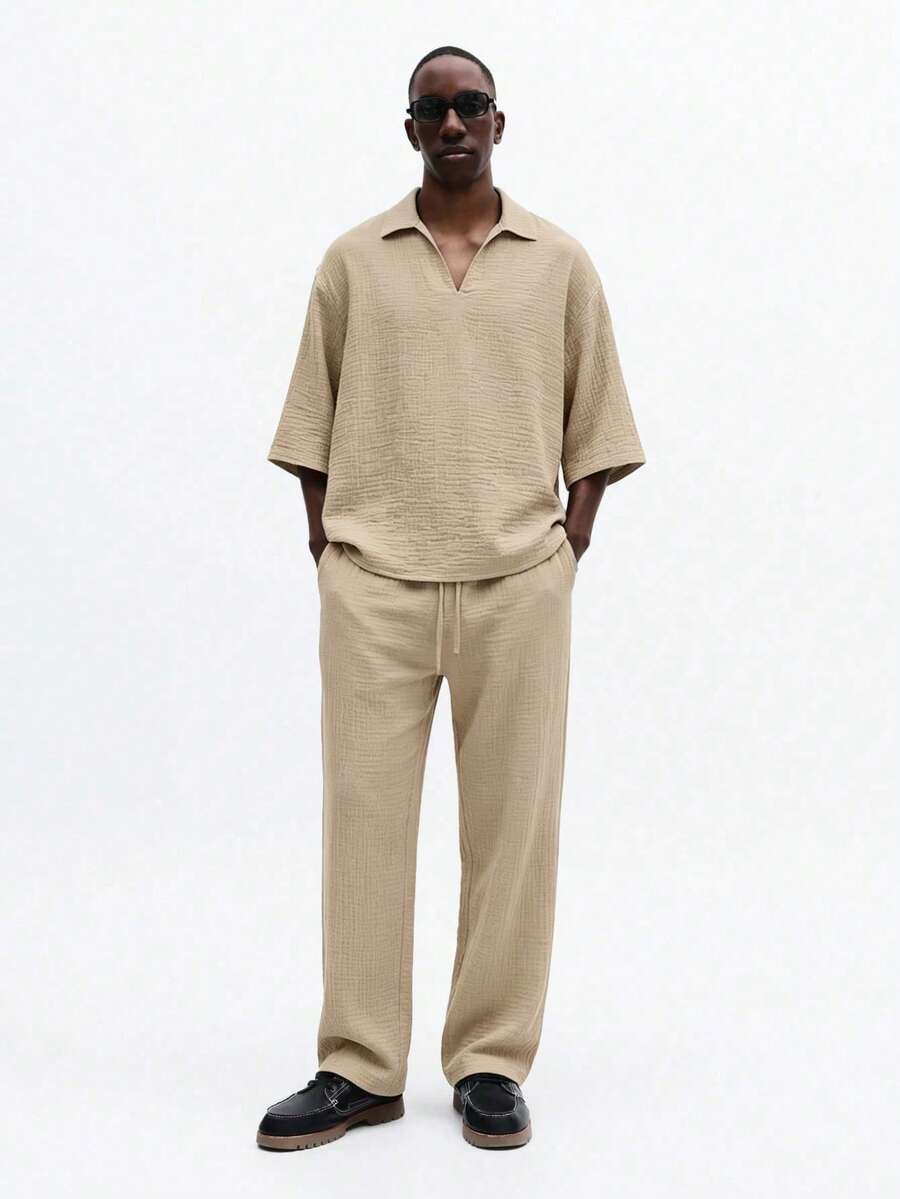 SUMWON Relaxed Linen Feel Short Sleeve Collared Shirt Textured Breathable Casual Summer Resort Vacation Coordinate Matching Set Beige,Linen Two Piece Set For - Khaki - View 1