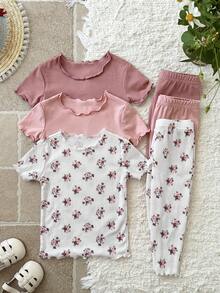 LMoss Kids 6件套女婴可爱休闲碎花弹力针织连体衣套装 - 粉色 - 查看 4
