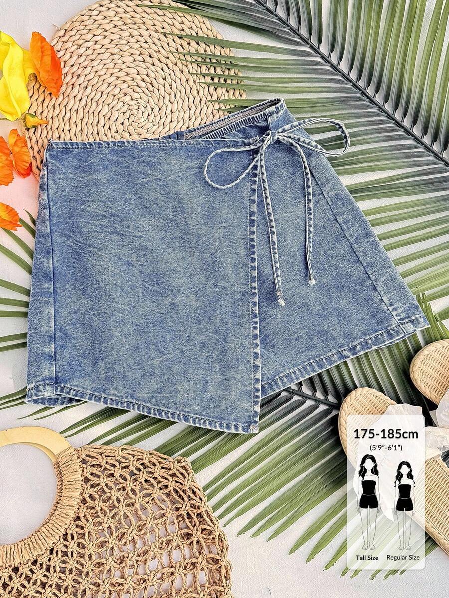 SHEIN Tall Shorts vaqueros de mujer con lavado y lazo - Azul lavado medio - Ver 1