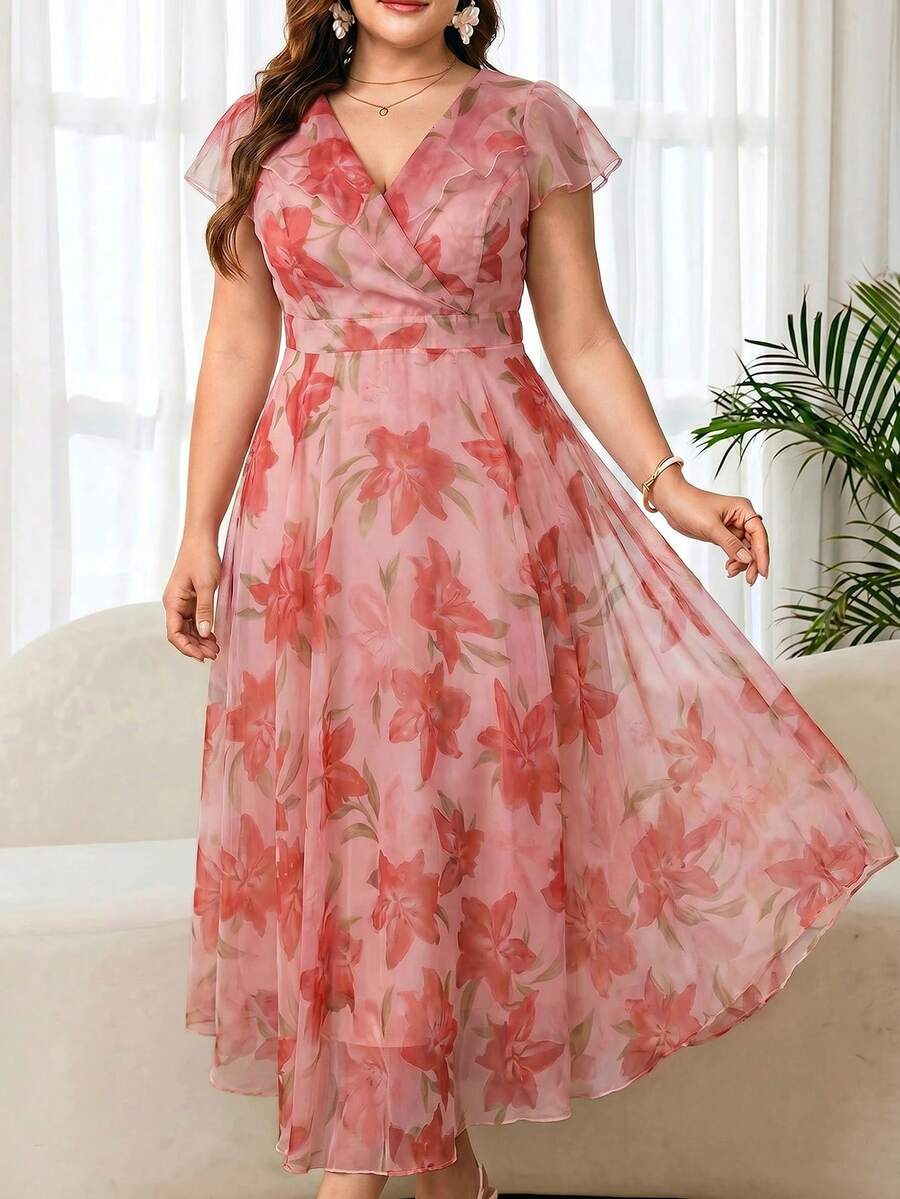 Reflora Plus Size Women's Elegant Floral Print Dress, Summer Wedding Guest Dress - Red - View 1