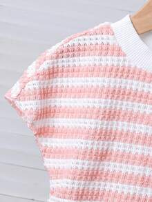 SHEIN Striped Knit Ruched Short Sleeve Top And Matching Pants Set,Light Pink Summer Girls Outfit,Elegant Casual Vacation 2-Piece Family Matching Set - Pink - View 8