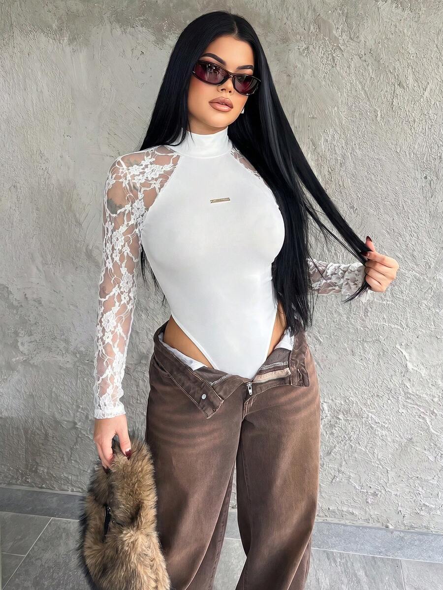 Dayanna Comas 女款春夏音樂節派對透氣網格彈性連身衣連身褲,情人節白色 - 白色 - 查看 1