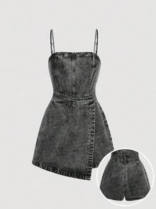 SHEIN MOD Plus Size Denim Jumpsuit, Casual Fitted Mini Blue - Black - View 1