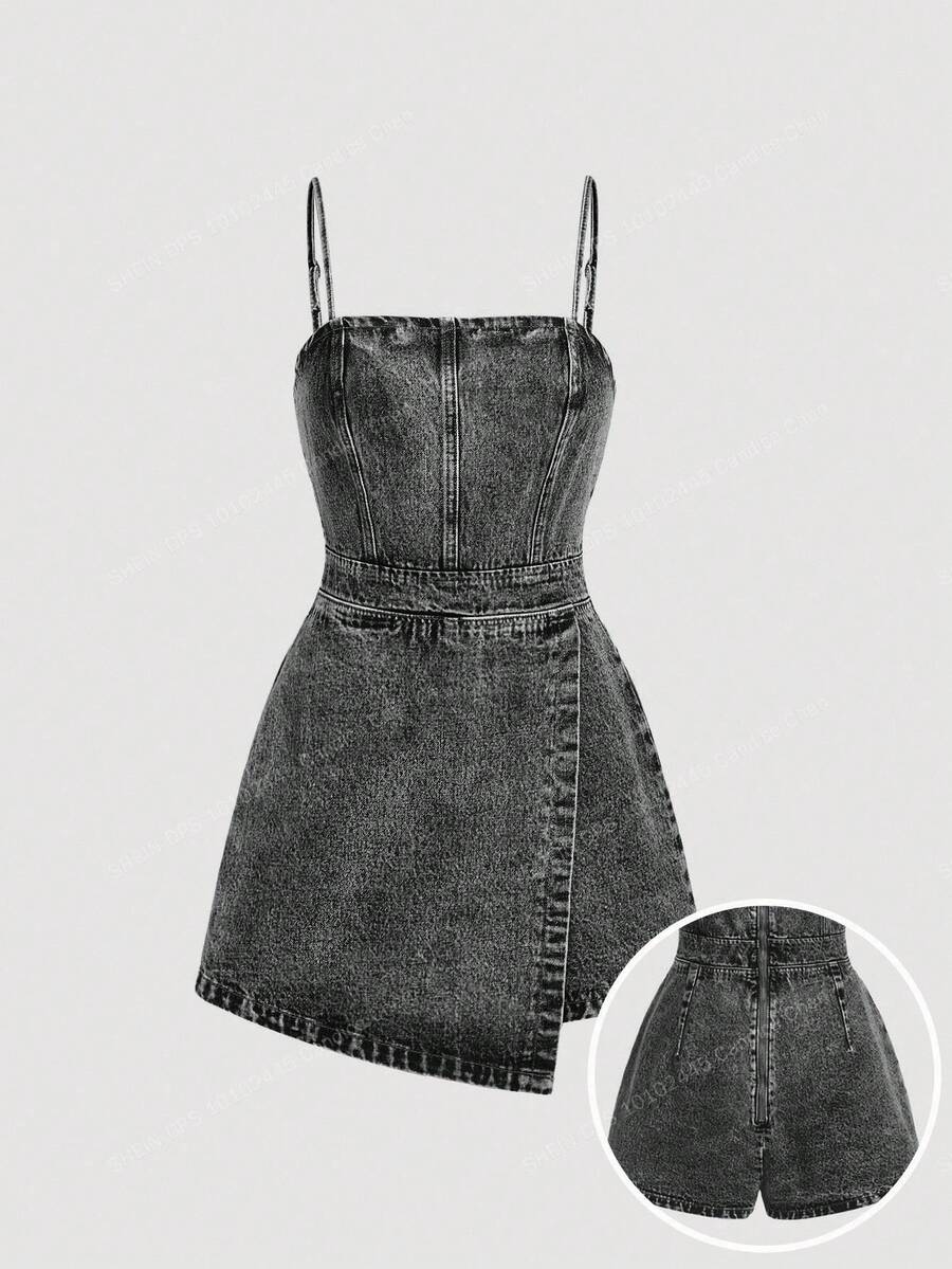SHEIN MOD Plus Size Denim Jumpsuit, Casual Fitted Mini Blue - Black - View 1