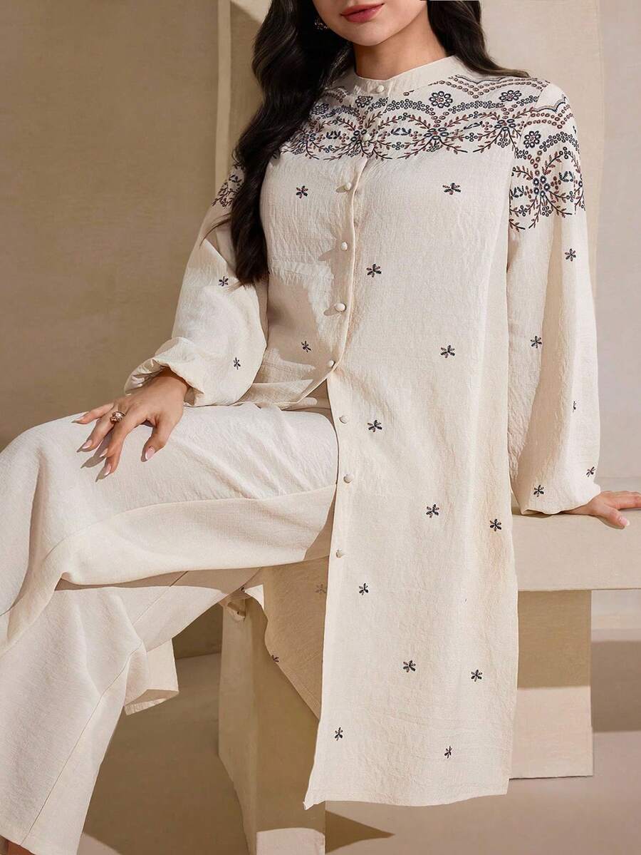 Graceveil Plus Size Mandarin Collar Front Button Elegant Matching Modest 2 Pieces Set, Long Sleeve Family Thailand Holiday Beige White - Apricot - View 1