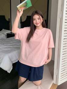 Dazy Plus 2件組休閒居家服套裝，寬鬆短袖上衣與鬆緊腰短褲，春夏季大尺碼女款睡衣 - 淺粉色 - 查看 4