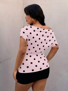 SHEIN CURVE+ 大尺碼波點優雅不對稱肩 T-shirt，春/夏晚宴生日粉色畢業辦公約會之夜 1920 年代 Flapper 風格 - 粉色 - 查看 2