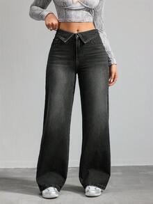SHEIN Tall CURVE 大尺碼女款黑色丹寧翻領腰部寬鬆直筒長褲 - 黑色 - 查看 4