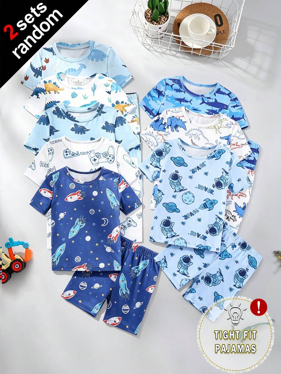 8 bộ (Gửi ngẫu nhiên 2 bộ), Bộ đồ ngủ ngắn tay và quần đùi in hình khủng long, sinh vật biển, phi hành gia cho bé trai, chất liệu mềm mại, ôm sát. - Nhiều màu - Xem 1