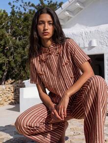 Nöista Chinese-Style Brown Striped Suit Features A Relaxed, Straight-Leg Cut And Classic, Versatile Color Scheme.Casual Suitable For Spring, Summer - Brown - View 3