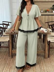 Weeklong Casual semesteroutfit för kvinnor i plus size, vår/sommar, set med topp och byxor i kontrastfärg med volang och patchwork - Mint Grön - Visa 4