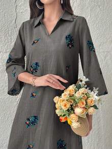 Al Najma Eyelet Embroidery Casual Long Dress With Collar - Grey - View 2