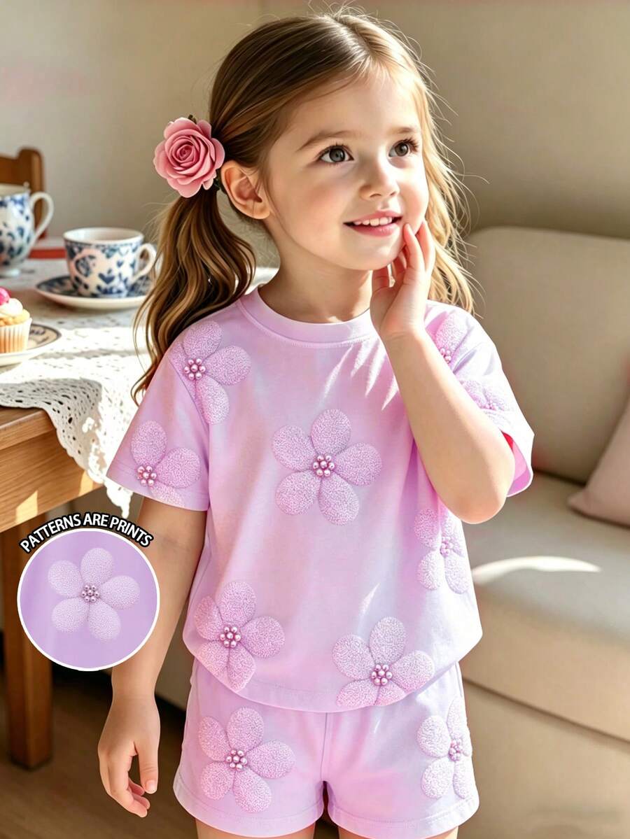 2pcs/Set Young Girls Floral Print Cute T-Shirt And Shorts Set, Fashionable Casual Outfit Suitable For Spring/Summer Vacation - Multicolor - View 1