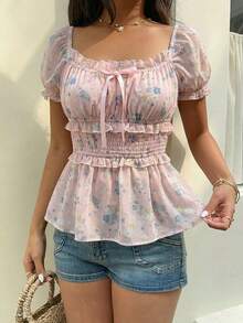 Sunnyshic Áo kiểu nữ bằng vải chiffon họa tiết hoa nhí dễ thương, thắt eo bằng dây buộc, trang trí nơ, cổ vuông, tay phồng, thích hợp mặc thường ngày, đi nghỉ mát, dự tiệc, mùa xuân/hè. - Màu Hồng baby - Xem 7