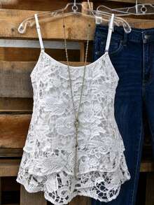 RosyDaze Women's Fashion Lace Hollow Out Camisole, Suitable For Vacation, Beach Travel, And Dates White Summer Elegant - White - View 2