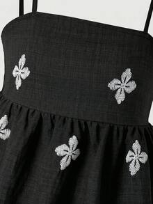 SHEIN 青少年女孩刺繡細肩帶背心與休閒長褲套裝 度假風 黑色 夏季 - 黑色 - 查看 13