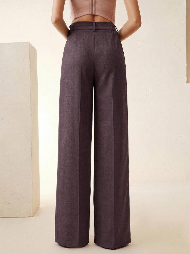 Elegant Purple High-Waisted Wide-Leg Suit Trousers, Front Pleated, Hollow Floral Embroidery Hem, Side Pockets, Commute And Party Versatile Suit Pants