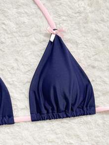 Swim Mod Bộ đồ bơi 3 món nữ 26SS Xuân/Hè mới, quần bikini tam giác buộc dây hở lưng cổ chữ V phối màu đen trắng tương phản, trang trí nơ, cho đi biển nghỉ dưỡng - Màu xanh hải quân - Xem 6