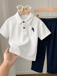 SHEIN Bubblio 2pcs/Set Young Boy Cute Printed Short Sleeve Polo Shirt & Elastic Waist Pants Set,Summer School Casual Outfit For Birthday Party,Wedding,Performance - White - View 4