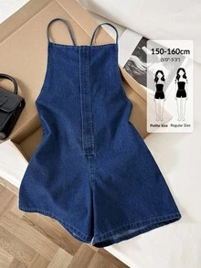 SHEIN PETITE PETITE 女式吊带牛仔连体裤，休闲日常及夏季街头风连体裤，女士牛仔连体裤，夏季外出及休闲穿搭 - 深色水洗藍 - 查看 1