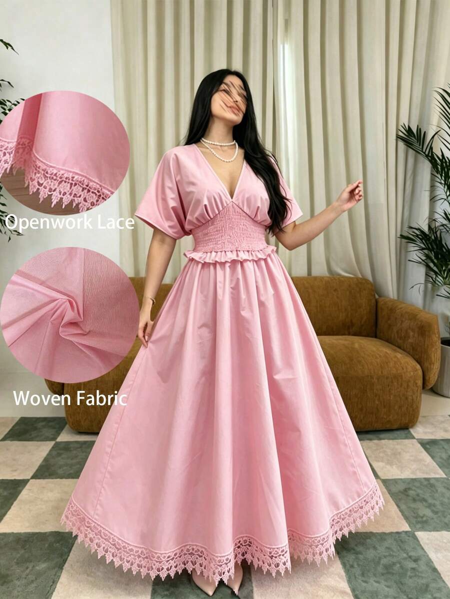Modelyn Women's 3D Floral Waist-Cinched Short Sleeve Elegant Slimming High-Quality A-Line Pleated Dress - Pink - View 1