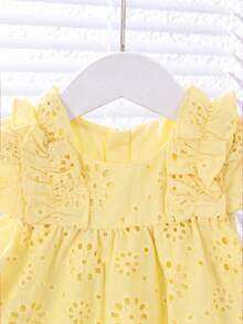 Babygirl Summer Cute Solid Color Embroidered Hollow Out Ruffle Hem Sleeveless Dress - Mustard Yellow - View 4