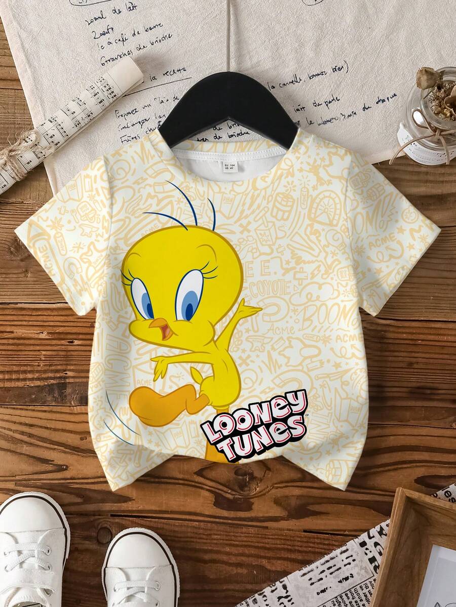 LOONEY TUNES X SHEIN Áo thun in hình hoạt hình toàn thân, dành cho bé gái. - trắng - Xem 1