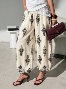 Lavishia Pantalones casuales y holgados con estampado total para vacaciones de mujer - Blanco y Negro - Ver 8