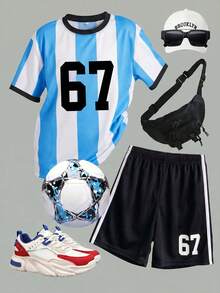 [Random 3 Sets,Send 1 Sets] Young Boy Casual Simple T-Shirt Set Summer Outfits Toddlers Boys Football Soccer Uniform Running Athletics Jogging Outfits - White - View 6