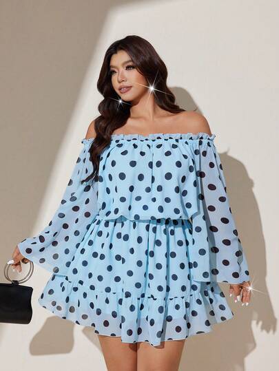 Viva Relle Plus Size Women's Blue Polka Dot Off-Shoulder Mesh Drawstring Waist Ruffle Hem Jumpsuit, French Style Vacation Casual Outfit,Spring/Summer,Polka Dot Dress,Elegant Dresses For Women,Blue Dress