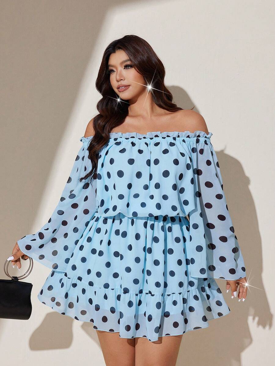 Viva Relle Bộ jumpsuit nữ cỡ lớn màu xanh chấm bi, trễ vai, chất liệu lưới, dây rút eo, viền bèo nhún, kiểu Pháp, trang phục thường ngày cho kỳ nghỉ xuân/hè. - Màu xanh lam - Xem 1