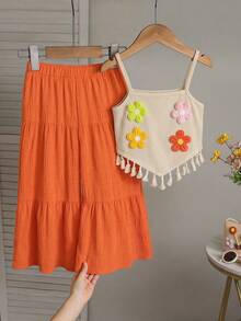 Emery Rose Kids Emery Rose Kids 2件套女童针织纯色3D立体花朵流苏边吊带背心和宽松裤子套装 - 橘色 - 查看 5