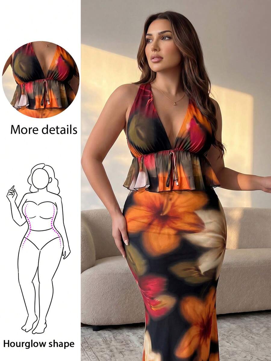 Hourglow Vestido de tirantes finos con volantes y estampado floral para vacaciones de verano, talla grande, para Body de reloj de arena